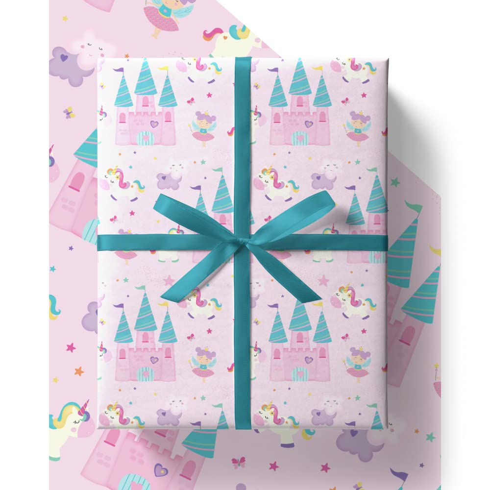 4 x Unicorn Wrapping Paper - HUGE 43% BIGGER [84cm x 60cm] Premium Eco Kids Birthday Gift Wrap for Girls in Pink (4 Sheets & 4 Tags)