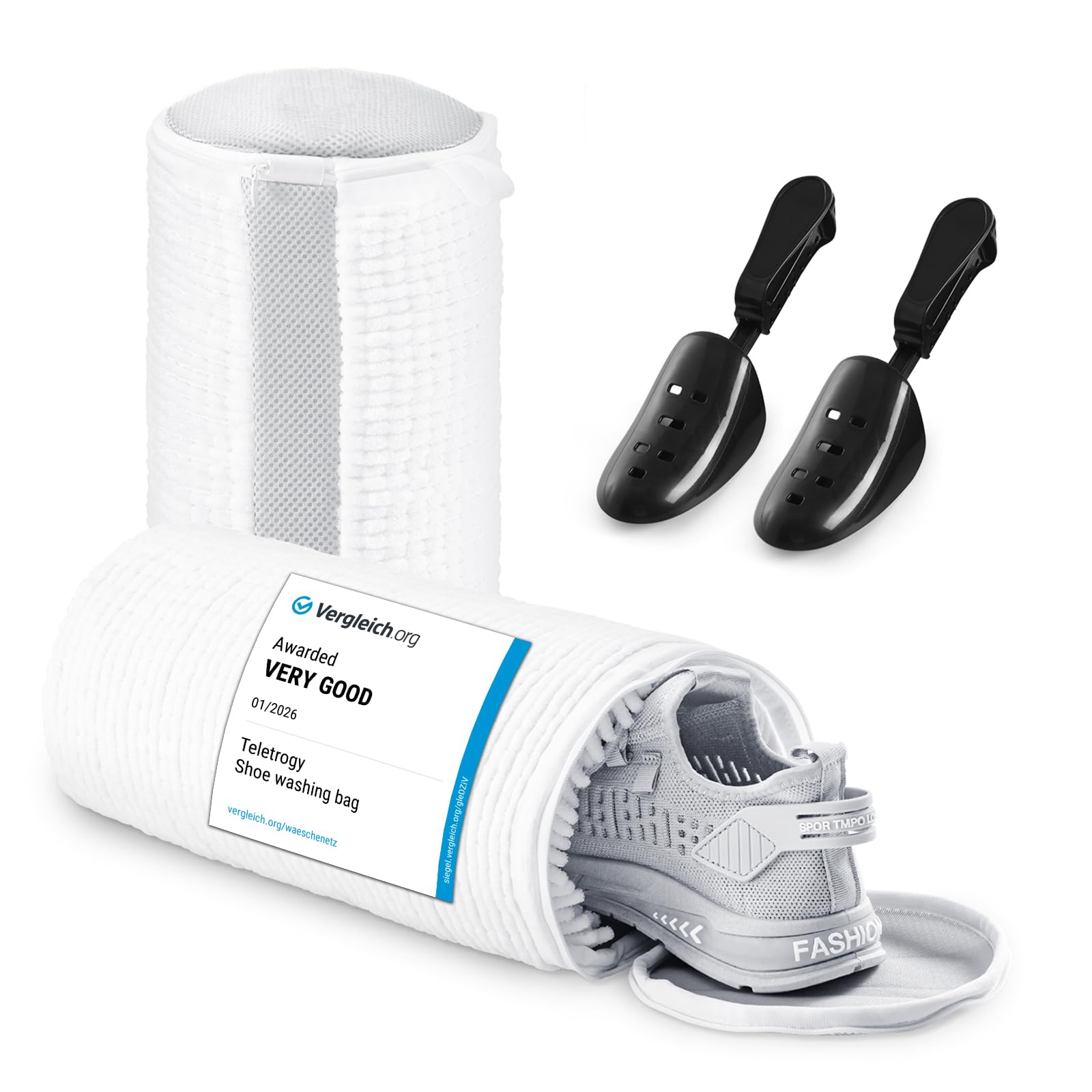 Teletrogy Shoe Washing Machine Bag 2Pcs, Fluffy Fibers Keep 360° Wrap-around Cleaning, 1 Pairs Adjustable Shoe Trees, trainer Laundry Bag with Durable Hidden Zipper Sneaker Cleaning Bags, White