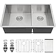 Sarlai 33 Undermount Sink Double Bowl - 33x19 Kitchen Sink Low Divide Undermount Stainless Steel 16 Gauge Round Corner Double Bowl 60/40 Sink Basin