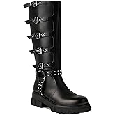 AlureAbys Women's Knee High Boots Riding Buckle Boots Chunky Heel Fashion Biker Motorcycle Boots Round Toe Platform Zipper Black Moto Booties Rivets