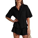 Flygo Women Casual 2 Piece Outfits Cotton Pajama Sets Loungewear Loose Button Down Shirt Shorts Gauze Set Beachwear