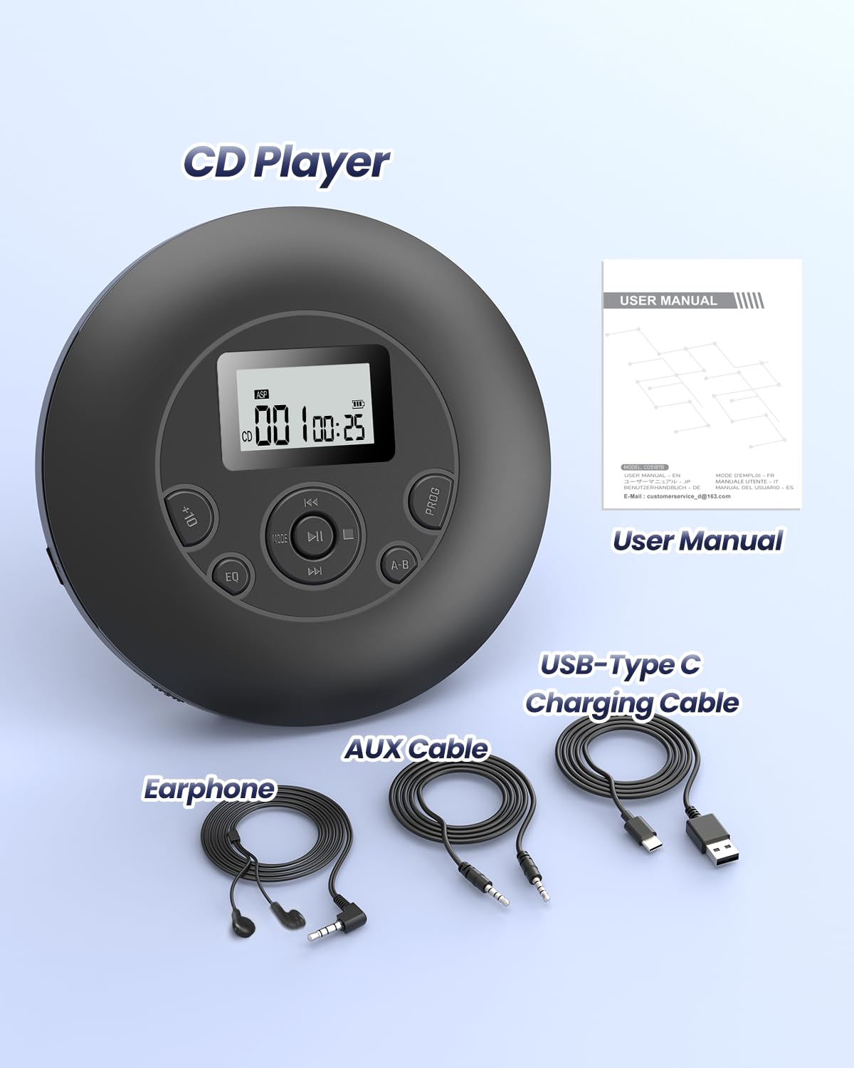Desobry Portable CD Player with 5EQ Mode Personal Players with Headphones LCD Display Anti-Skip Protection Playback Memory CD Player for Car Compact Player Music Media