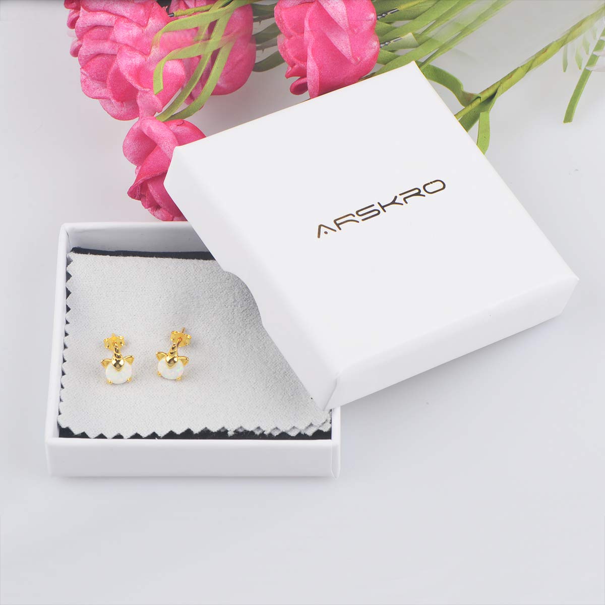 Unicorn Earrings for Girls, Hypoallergenic Fire Opal Stud Earrings ARSKRO S925 Sterling Silver with Gold Mini Tiny Cute Earring Jewelry Gifts for Kids Women