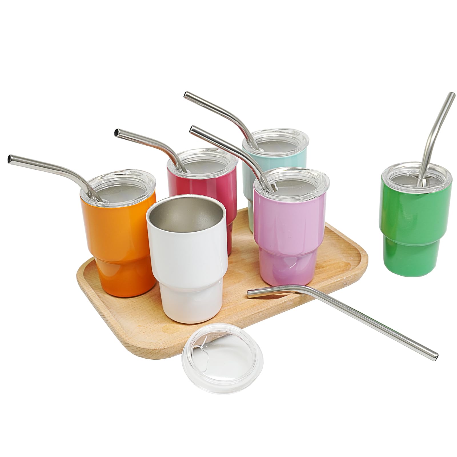 Xikangshun 6PCS Mini Tumbler Shot Glasses, 3oz Stainless Steel, 4.3×8cm Cute Multicolor Cups with Straw & Lid, Mini Sublimation Cup for Coffee, Tea