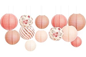 NICROLANDEE Wedding Party Decorations - 12PCS Rose Gold Vintage Floral Paper Lantern Hanging Decorations for Bridal Shower Anniversary Baby Shower Bachelorette Birthday, Valentines Day Party Decor