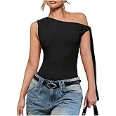 GORGLITTER Women's Asymmetrical Top Bodysuit Tie Knot Sleeveles One Shoulder Tops Leotards Jumpsuit