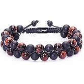 Protection Crystal Beaded Bracelet for Men, COLORFEY Mens Bracelet Red Tiger Eye Onyx Bead Bracelets 8mm, Handmade 2Row Masculine Bracelet for Men, Real Crystal Bracelets Christmas Gifts for Him
