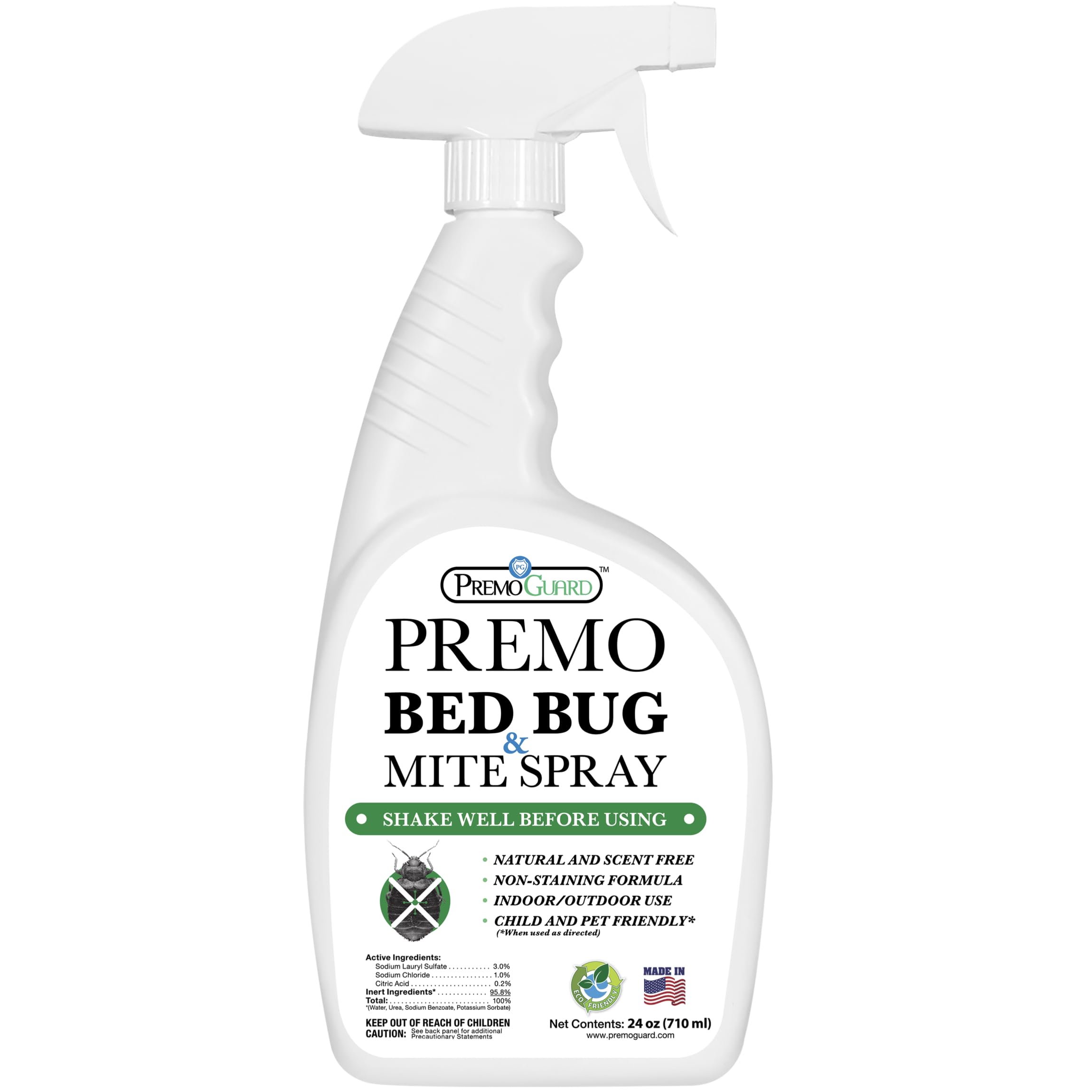 Premo Guard Bed Bug Killer Spray 24 oz - University Tested 100% Kill Rate - Natural Non Toxic, Stain & Scent Free - Kill Bedbugs & Mites On Bed & Blankets, Furniture, Clothing - Child & Pet Safe