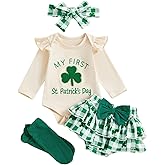 Amnnchya My First St Patricks Day Baby Girl Outfit Clover Romper Plaid Shorts Skirt Newborn Girls Shamrock Clothes 4PCS Set