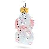 Snow Bunny with Pink Ears Mini Glass Christmas Ornament