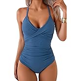 B2prity Women's One Piece Swimsuits Tummy Control Front Cross Bathing Suits Tie Back Slimming V Neck Swimwear
