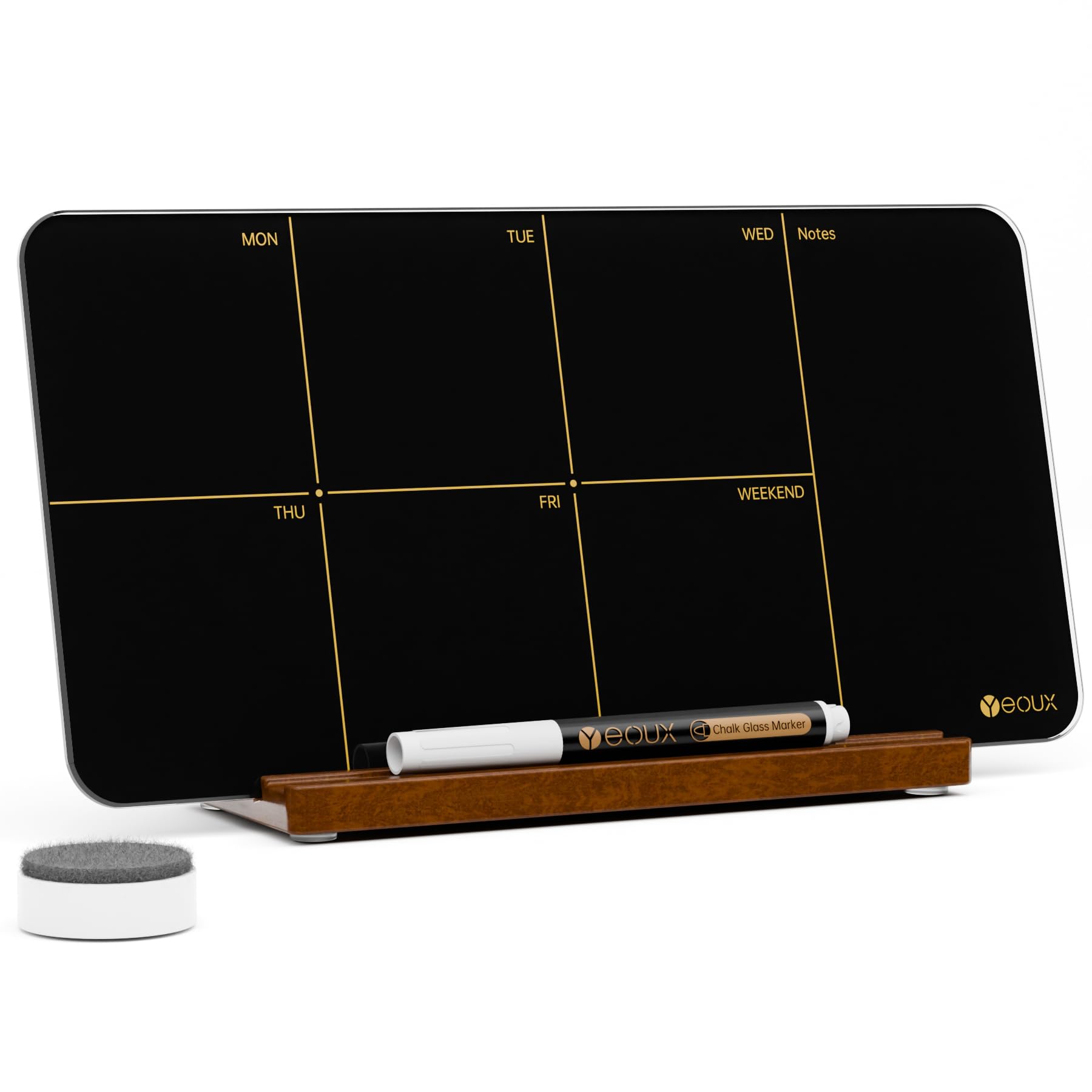 Photo 1 of Desktop Black Glass Weekly Planner Dry Erase Whiteboard with Detachable Wood Stand,Small Portable Week Calendar to Do List White Board 12x6 for Office, Home, Schools, Marker&Eraser Included, Yeoux
