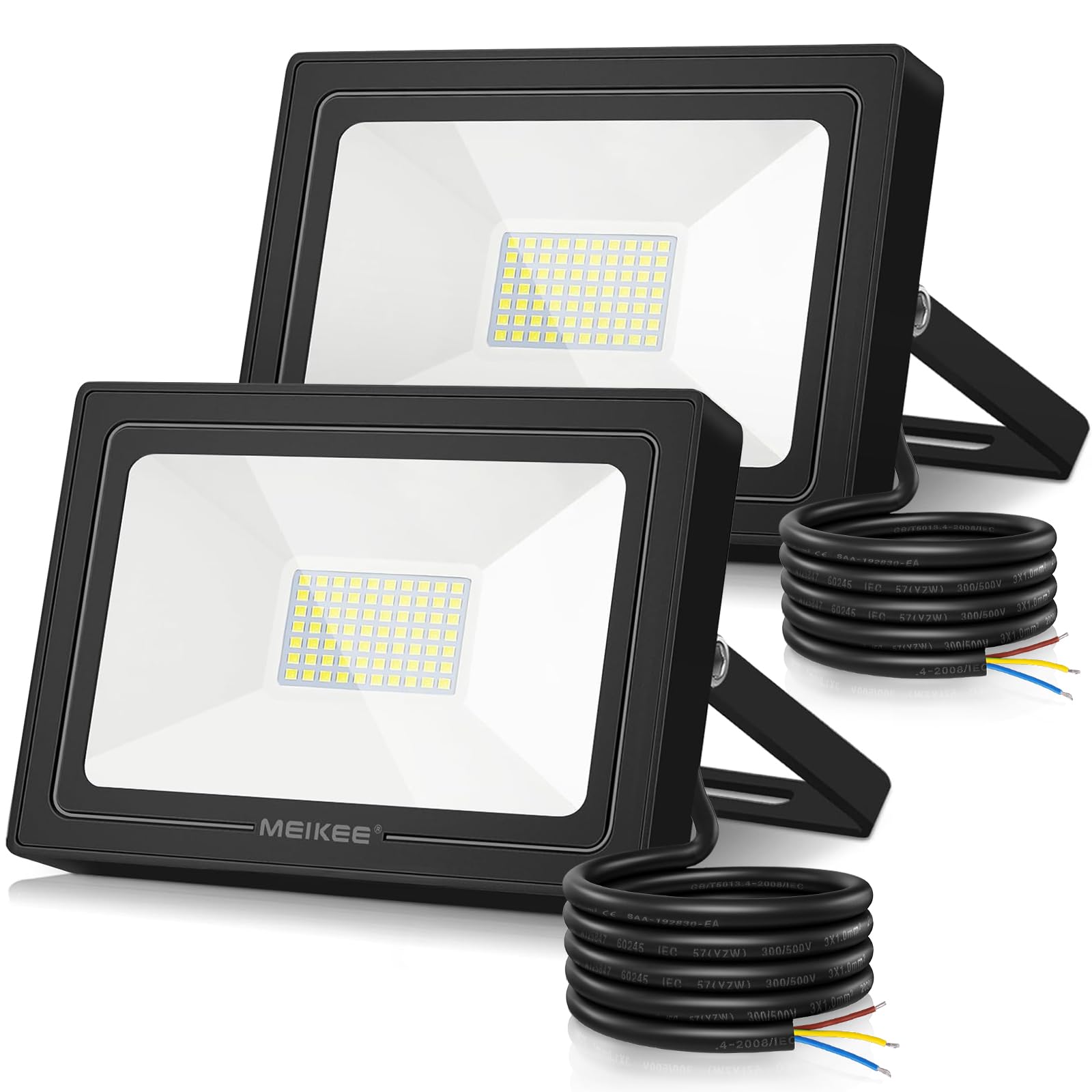MEIKEE Led Floodlight Outdoor, 2 Pack 60W LED Security Light, IP66 Waterproof Super Bright 5200LM led Spot Lights 6500K Daylight White Light for Garden, Yard, Garages, Warehouse, Patio, Billboard