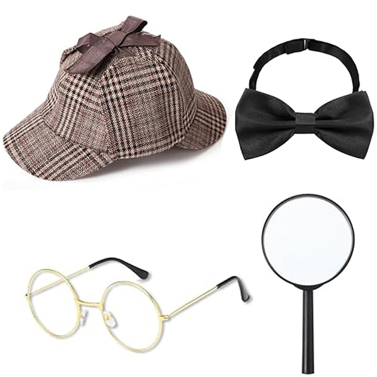 EujRcf 4 Pieces Detective Costume Set Detective Hat Glasses Bow Tie Magnifying,Victorian Costume Boys, for World Book Day Outfits, Halloween Party Accessories, Dress up Party