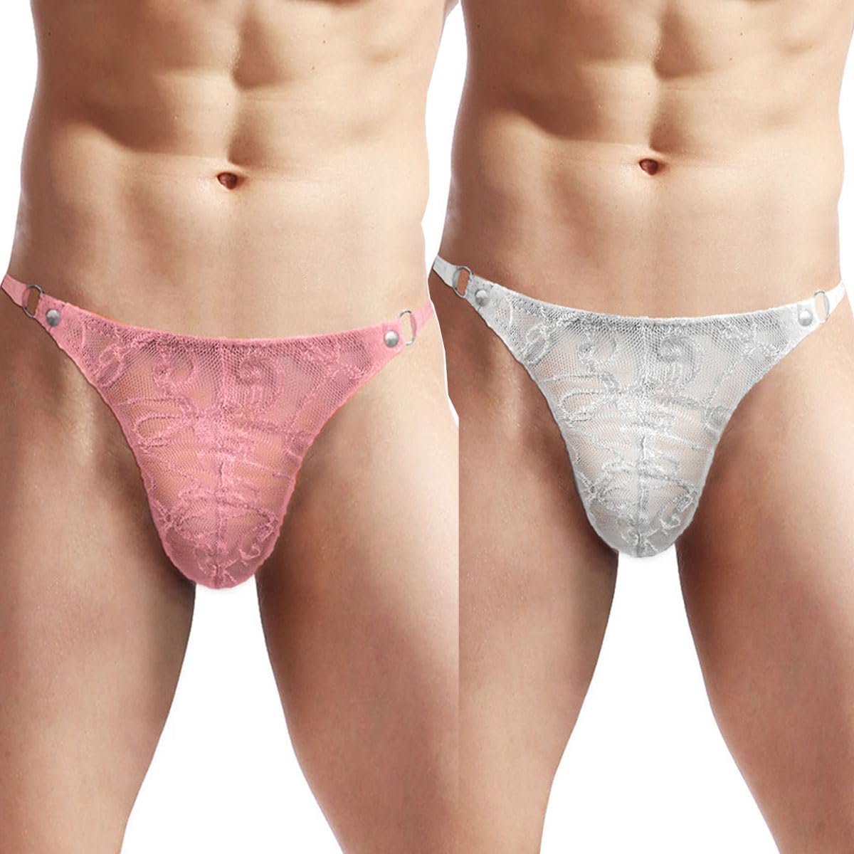 VemeFufu Men's Thong Lace Underwear Mankini G-String for Men UK Hot Funny Briefs Triangle Low Rise Stretchy Underpants Lingerie Costume 2 Pack Pink & White