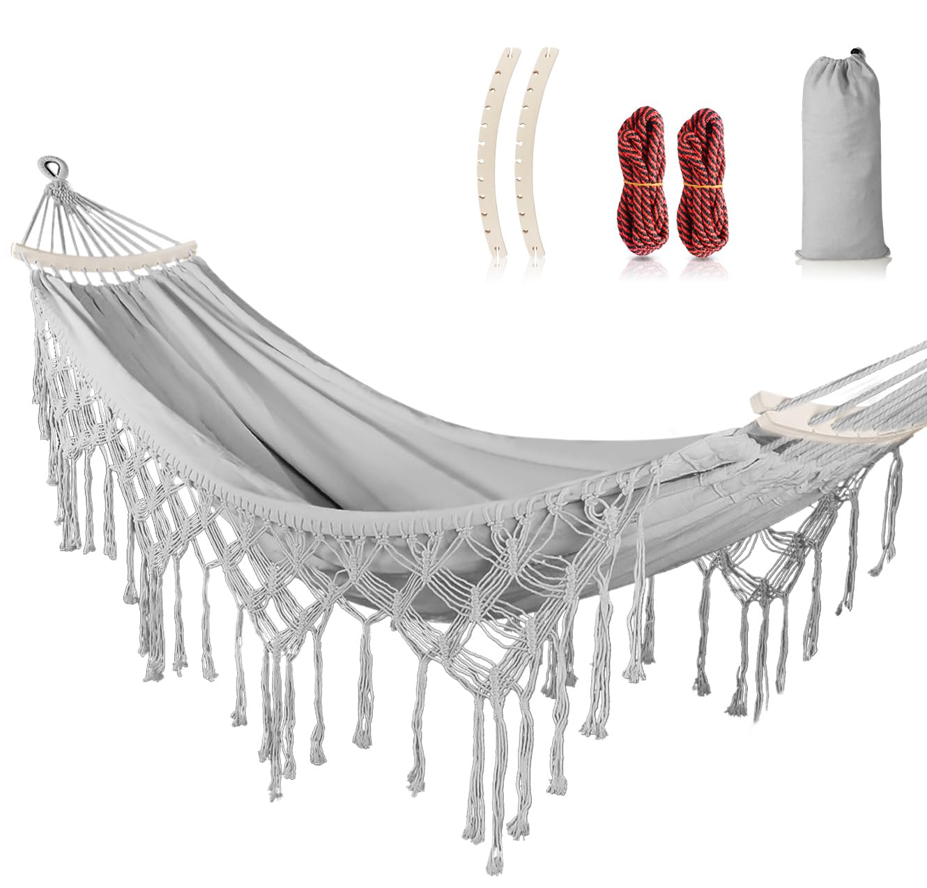 MOSFiATA Backyard Hammock with Tassels Max 500lbs Canvas Fabric Bohemian Style with Thickened Rope and Carry Bag for Outdoor, Garden, Patio, Wedding Decor (Gray) Image