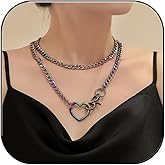 KOFISNI Black Heart Choker Necklace for Women Punk Gothic Rainbow O-ring Slip Chain Necklace Adjustable Chunky Cuban Long Lariat Y-Necklace Goth Jewelry 36 Inches