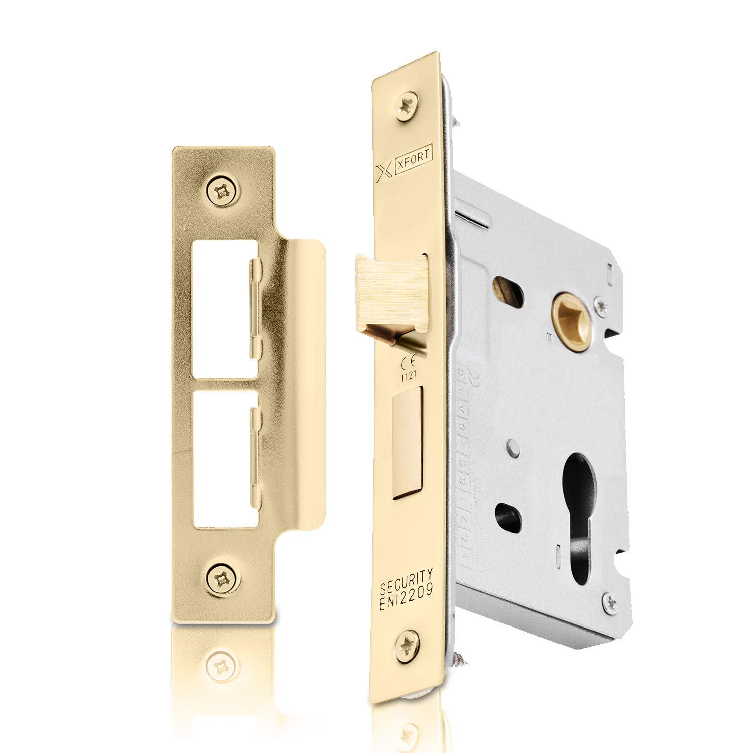 XFORT® Polished Brass Euro Profile Sashlock 75mm, Euro Sash Lock for Internal and External Doors, Door Latch Mechanism and Euro Cylinder Key Locking Security, CE Approved and Fire Rated Protection