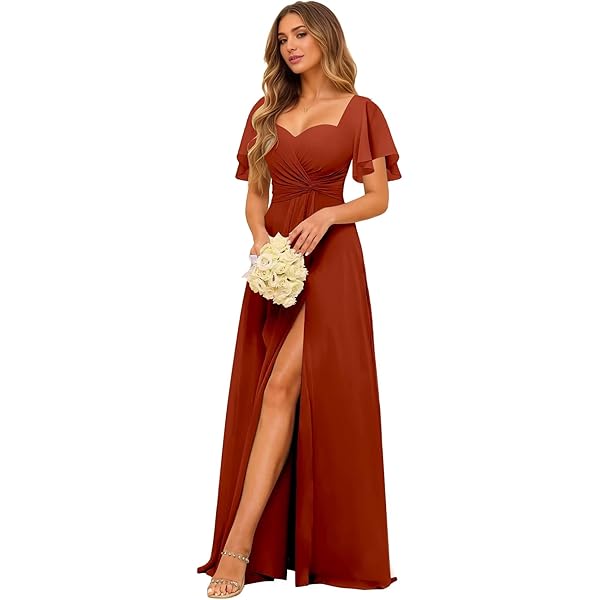 Amazon.com: INEWER Elegant Flutter Sleeve Empire Waist Bridesmaid Dresses  Long for Wedding Peach Pink Pleated V Neck Formal Dress with Pockets US  Size 6 : Clothing, Shoes & Jewelry