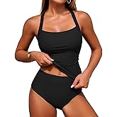 ZAFUL Women's Tankini Swimsuits Tummy Control Swimwear Two Piece Bathing Suits Swim Top with High Waisted Bottom