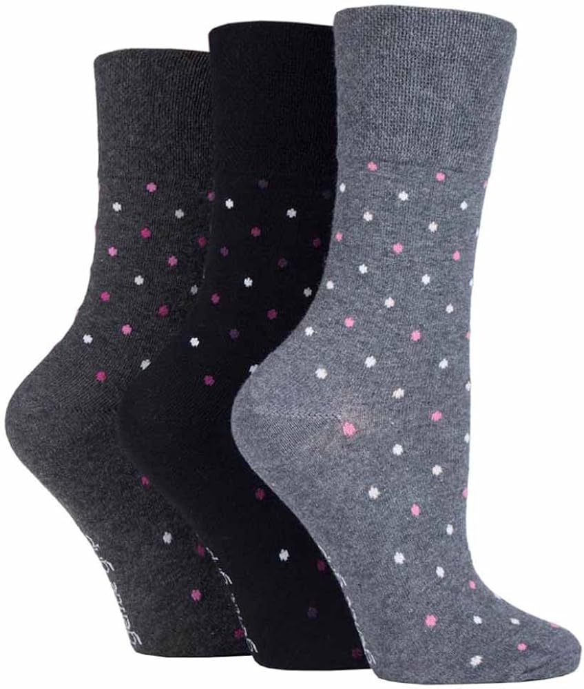 3 Pairs Ladies Black Charcoal Grey Pink Spotted Gentle Grip Socks, Size
