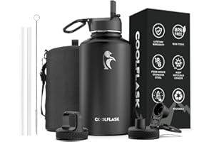 Water Bottle Insulated 64 oz with Straw & 3 Lids, Coolflask Large Metal Stainless Steel Water Jug Big Half Gallon Wide Mouth 