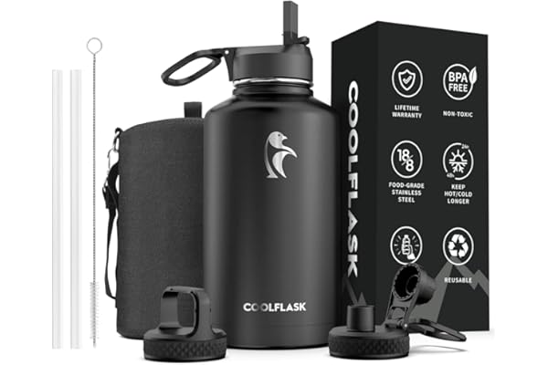 Water Bottle Insulated 64 oz with Straw & 3 Lids, Coolflask Large Metal Stainless Steel Water Jug Big Half Gallon Wide Mouth