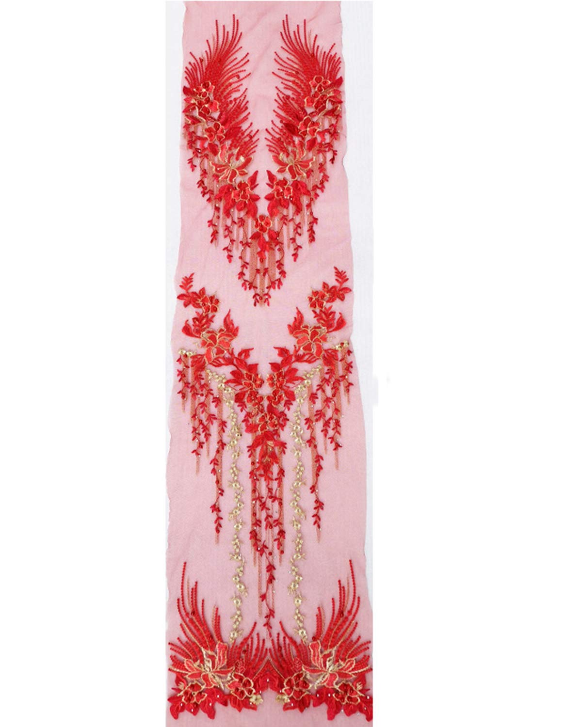 3d Lace Applique set Flower Patches applique motifs french diamante beaded applique Great for DIY Craft Sewing Costume dressmaking Bridal wedding 3 in 1 130cm*30cm A15 (Red)