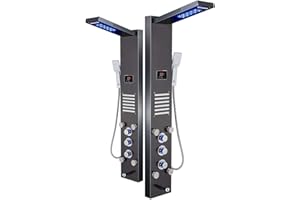 ELLO&ALLO LED Shower Panel Tower System, Hydroelectricity Display Rain Massage with Jets, Brushed Black