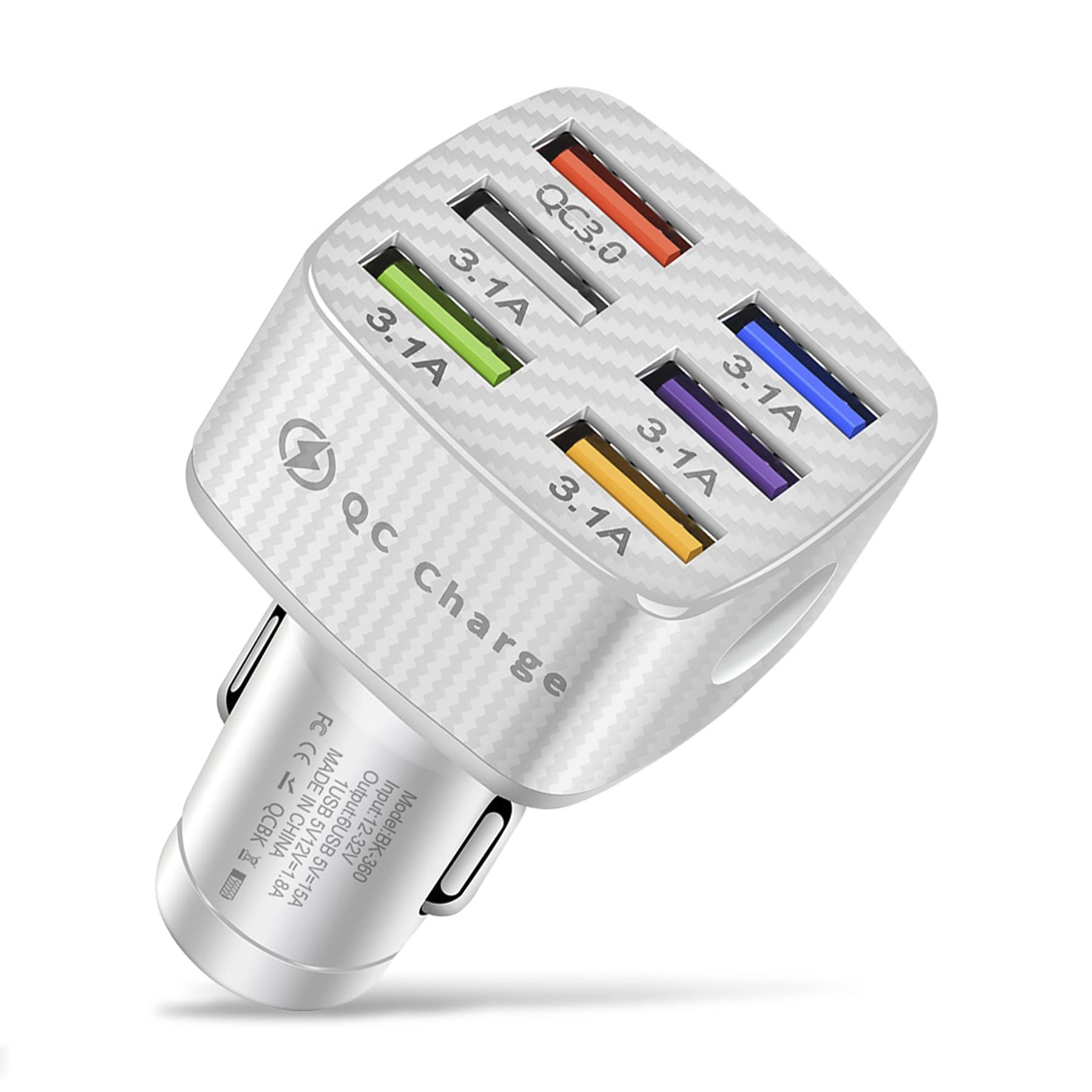 Amiss Car Charger Adapter, 6 USB Multi Port, Fast Charger, Include QC 3.0 and 5 Other Ports, Car Interior Accessories, Fit for iPhone 13/12/11/pro, Samsung Galaxy/Note S10/S9/S8, Android - White