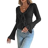 Women's V Neck Ruffle Bell Sleeve Sweater Tie Front Bow Cute Knitted Top Trendy Fall Spring Fashion Y2k Clothes