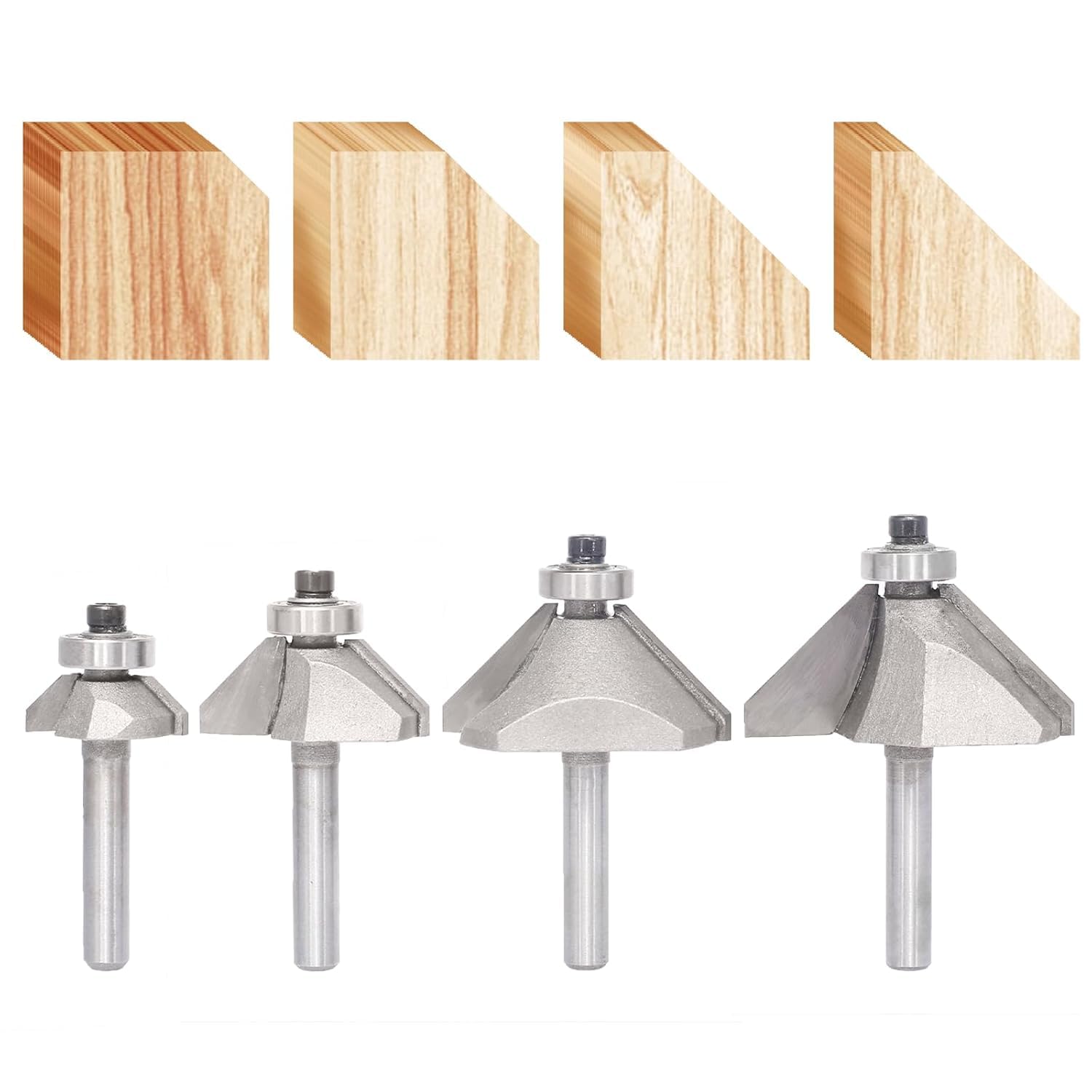 4Pcs 45 Degree Chamfer Router Bit Set,1/4" Shank, 1/4", 1/2", 3/4" and 7/8" Bevel Length, Eased Edge Cutter with Ball Bearing for Wood Profiling,Edging