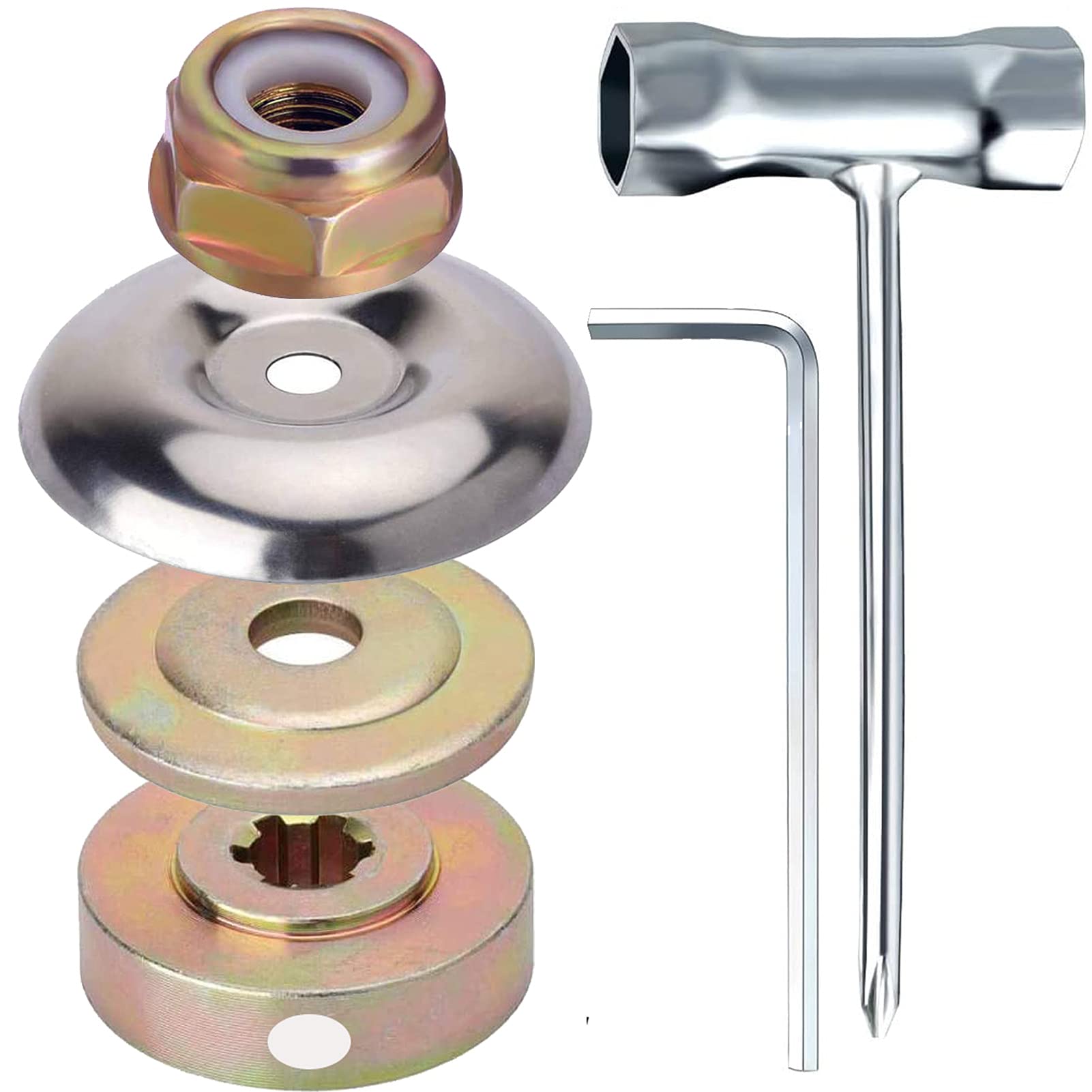 AIMENGA 4 Pieces Weed Trimmer Blade Adapter Kits with 1.5 mm Thick T-Wrench Crossing Wrench Sleeve and 5 mm Inner Hexagon Wrench for Lawnmower Blade Accessories