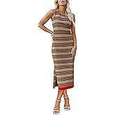 Zeagoo Womens Bodycon Midi Dresses Summer Casual Sleeveless Dress Women Knit Side Slit Striped 2025 Long Tank Dress