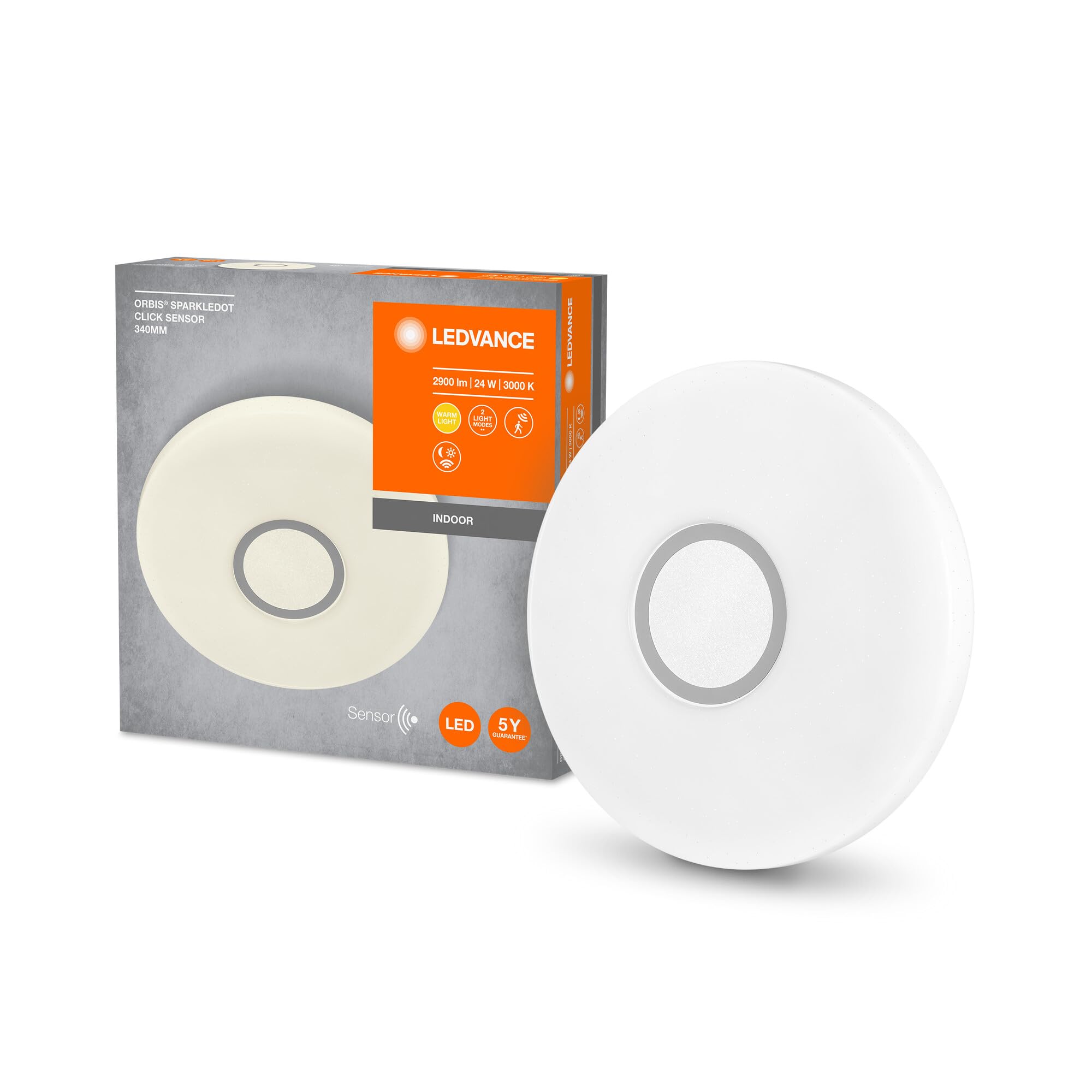 LEDVANCE LED Wall and Ceiling Luminaire in Glitter Optics with Motion Detector, Warm White (3000K), Operating Modes can be Changed with a Click, 340mm Diameter, ORBIS Sparkle DOT Click Sensor