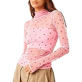Sheer Mesh Long Sleeve Layering Top for Women Mock Neck Heart Lace See Through Tee Shirt Undershirt Valentines Day Tops