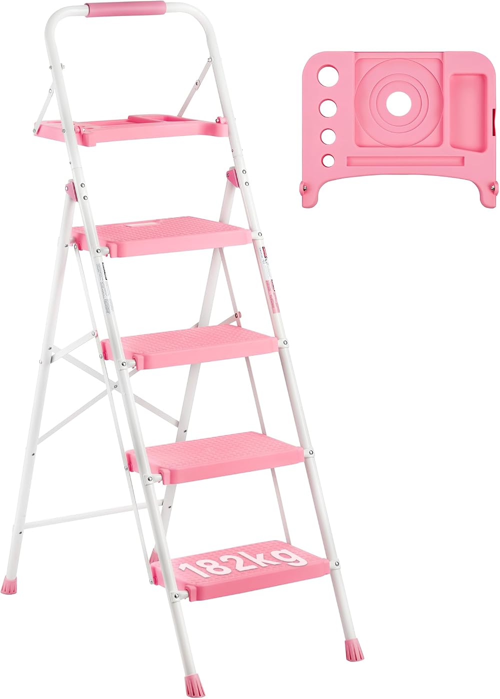 BONTEC 4 Step Ladder with Wide Anti-Slip Pedals Pink 150kg Capacity