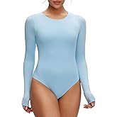 NANJI Long Sleeve Bodysuit for Women - Slim Fit Crew Neck Thong Body Suit, Stretch Double Lined Snap Tops, Casual Going Out