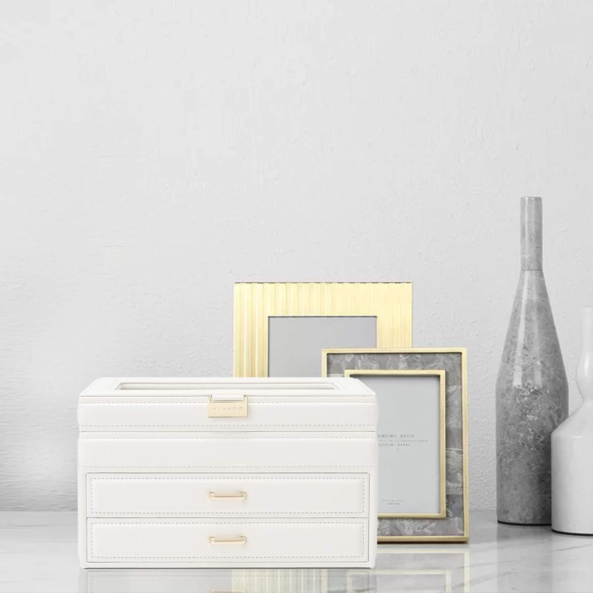 Jewelry Box with Glass Lid for Mothers Day Gifts, 3 Layer Jewelry Organizer with 2 Drawers, Large Leather Jewelry Storage for Necklaces Rings Earrings Bracelets Watches(White): Home Improvement