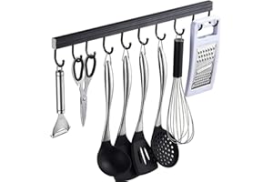 Kitchen Rail with 10 Hooks,Wall Mounted Aluminum Hanging Utensil Holder Rack,50cm,Black