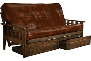 Jerry Sales FutonX Rustic Walnut Frame and Mattress Set with Choice to add Drawers, 8 Inch Innerspring Futon Sofa Bed Full Size Wood (Brown Leather Matt, Frame and Drawers)