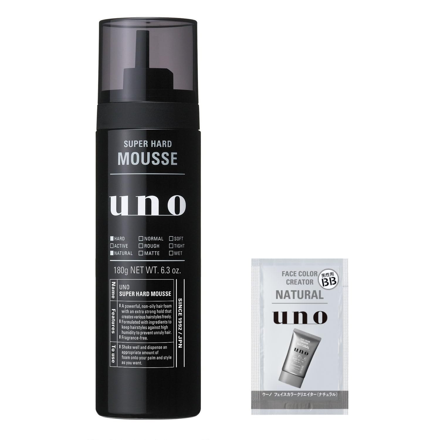 【Amazon.co.jp限定】uno(ウーノ) スーパーハードムース 整髪料 180g +おまけ メンズ 男性 超強力 スタイリング キープ 湿気 固定 持続 ベタつかない 無香料商品画像