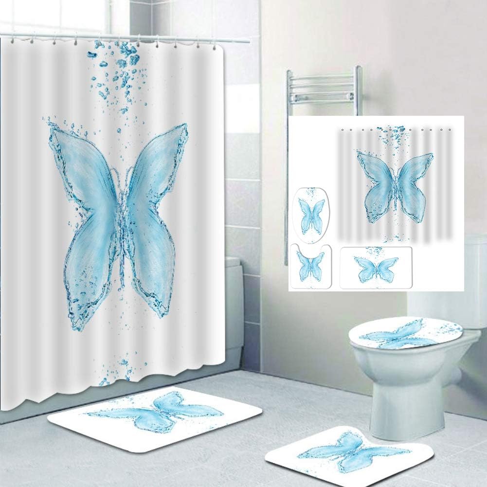 WAINEO Animal Scenery Printed Pattern Shower Curtain Set，4 Pcs Shower Curtain/Non-Slip Bathroom Rugs/Lid Toilet Cover/Bath Mat with 12 Hooks, Bathroom Sets Decor