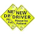 Bittwee New Driver Signs for Car Window, 2 Pieces Please Be Patient New Driver Signs Stickers with Suction Cups, Reflective New Driver Safety Warning Sticker, Reusable Car Accessories (Yellow)