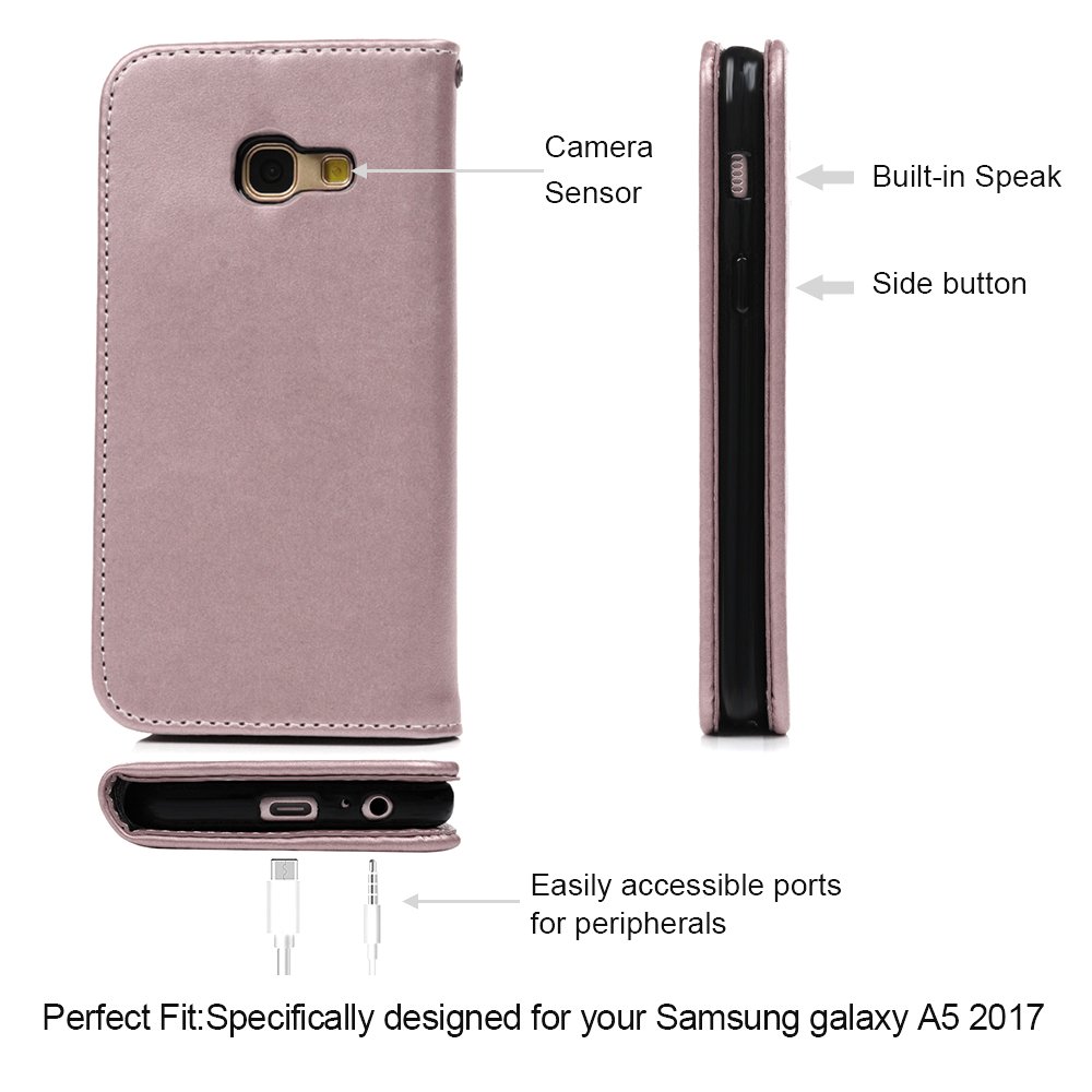 A5 2017 Case - MAXFE.CO for Samsung A5 2017 Case Embossed Butterfly Rose Gold PU Leather Flip Stand Cover Case for Samsung Galaxy A5 2017 (5.2 Inch) with Dual Layer Hand Strap Card Holder [Magnetic Closure] - Rosy Gold