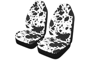 LONSANT Cow Print Car Seat Covers Set of 2,Rustic Spotted Milk Cow Fur Texture Black Cowhide Universal Auto Front Seat Protec