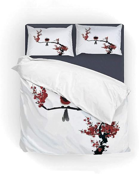 Amazon 布団カバー 家の装飾 クイーン Queen 228x228 3点セット 寝具カバーセット マイクロファイバー 防ダニ ベッド用 洗える ビロケース 桜の木夏の鳥古典的なアジア絵画風イラスト印刷 寝具カバーセット オンライン通販