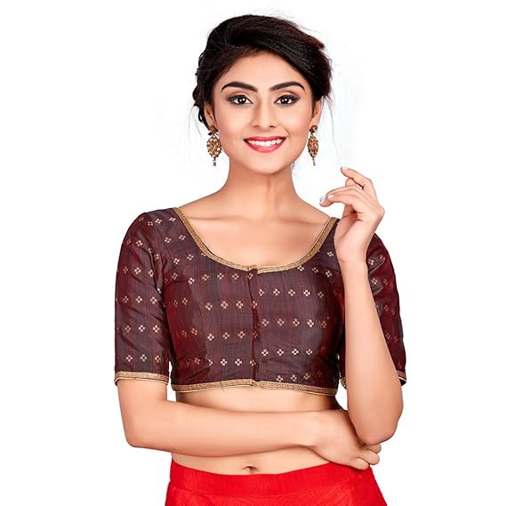 Women's Dupion Silk Padded Front Open Hooks Elbow Sleeve Saree Blouse (CO-722)