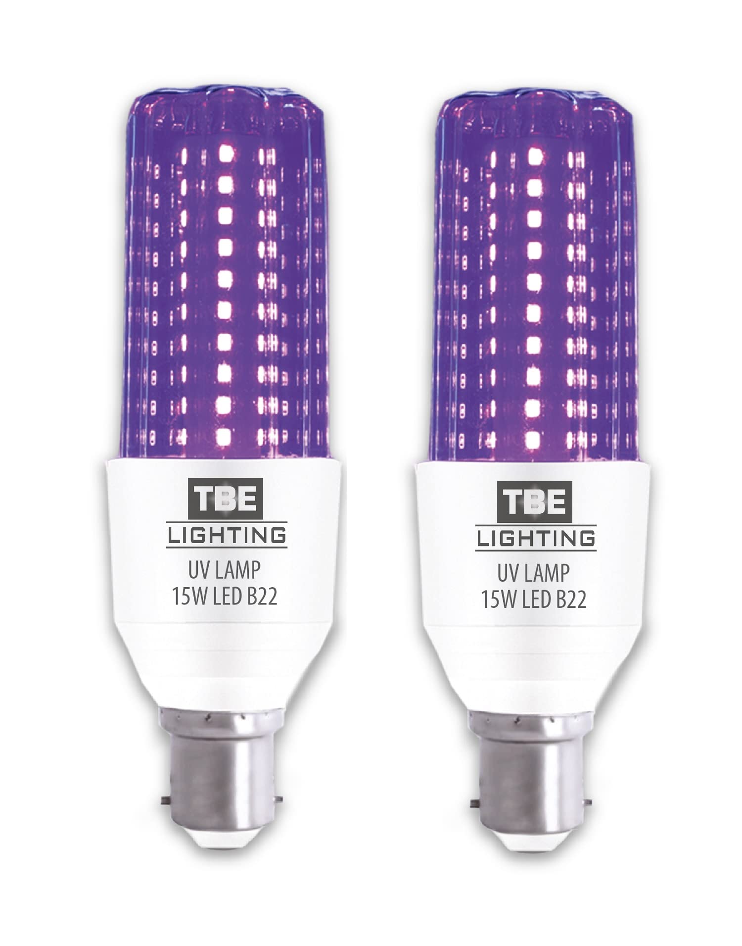 TBE LIGHTING UV LED Bulb - 15w Ultra Violet Black Light Bulbs - 2 Pack - B22 Standard Bayonet Fitting - 395-400nm wavelength, Energy Saving Long Life LED Bulb