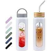 WINSA 24 oz Glass Water Bottle, Glass Tumbler with Straw, Reusable Drinking Bottles with 2 Lids-Handle Lid&Bamboo Straw Lid, Silicone Sleeve, for Sports, Home,1 Pack-White